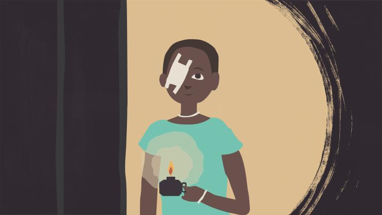 illustration of young girl with bandage over her eye holding a candle