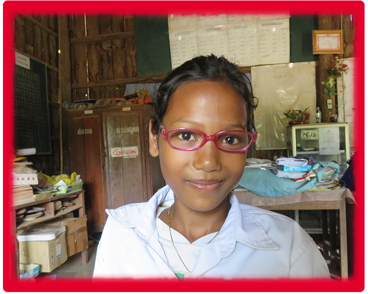 Thuon Cambodian girl with glasses and red border rounded
