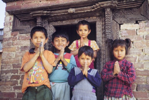 namaste and thank you - group of children in Nepal